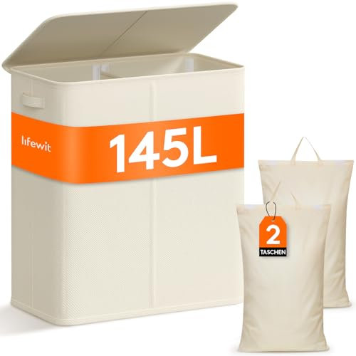 Lifewit 145L Cesto Ropa Sucia 2 compartimentos con Tapa, Grande Cubo Ropa Sucia con 2 Bolsas Para Colada Extraíbles, Cesto Ropa Sucia con Asas para Dormitorio Baño Lavanderia, Blanco