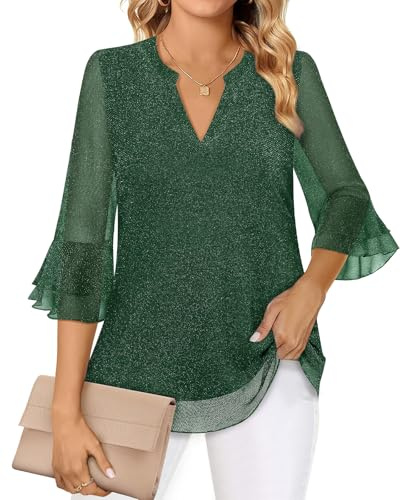 Akiooue Blusas de manga 3/4 con campana para mujer, túnica de estilo casual y elegante, cuello en V, doble capa de gasa, blusas de trabajo para mujer, tallas S-3XL, XL