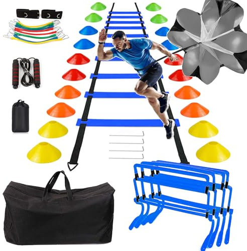 BJNCDIO Fussball Trainingszubehör, Fussball Trainingsset Koordinationsleiter Trainingsleiter, 20 Hütchen, Einstellbare Hürden, Widerstandsschirm, Springseil, Bänder, Fussball Geschenk Jungen (Blau)