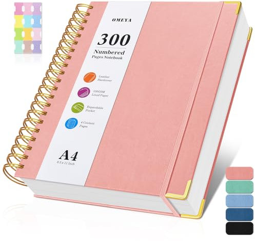 Notizblock, Notizbuch A4 Liniert, Notizbücher mit 300 Nummerierten Seiten, 100GSM Dickes Notizheft, Hardcover Leder spiralbindung Journal für Frauen und Männer, Großes Notizbuch für Arbeit Büro Schule