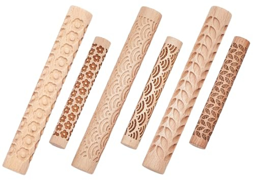CREATCABIN Uppsättning av 6 lera modelleringsmönster rullar kit 3 stilar blomma havsvåg lämna texturerade rullstift krukor stämpel rullverktyg för keramiska plattor glasyr design målning handgjord