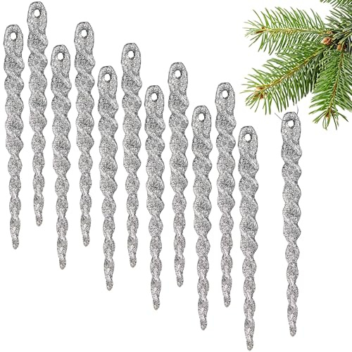 BRUBAKER Baumschmuck Eiszapfen Glitzer - 12x Weihnachtsbaumschmuck | 13 cm Christbaumschmuck aus Kunststoff - Weihnachtsdeko zum Hängen - Anhänger Bruchsicher für Weihnachtsbaum - Silber