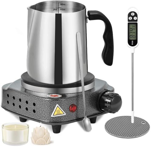 wax melter for candle making, Electric Wax Melter with Electric Hot Plate, 900ml stainless steel cup, Thermometer, potholder, Spoon, Anti-scald handle, wax melting pot for candle making
