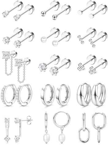Chriscoco 15-Pack Kirurgiskt Stål Örhängen Set För Dam - Piercing Med Kreoler, Flatback, Tragus och Helix - Guld/Silver Allergivänliga