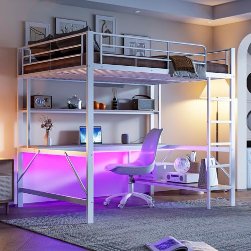 Huayz Cama alta de metal 140 x 200 cm, con USB y enchufe, con luces LED, para niños, adolescentes y adultos, cama litera de metal con escritorio y estantería, sin colchón
