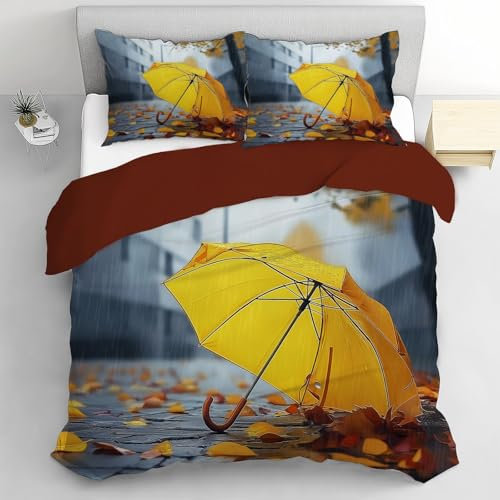 CEDNXOER Gelber Regenschirm Bettwäsche 155x220CM mit 2 Kissenbezug 80x80 cm, Straße Wendebettwäsche Bettbezug,Bettwäsche-Sets mit Reißverschluss 3 Teilig