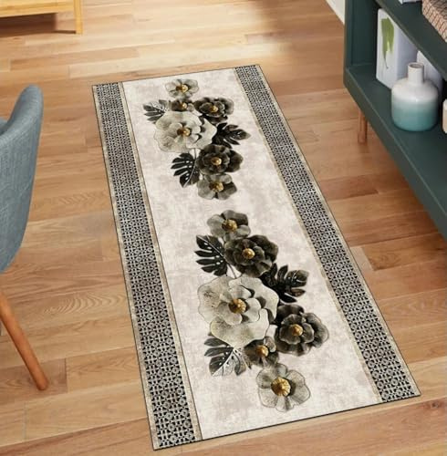 QQrunner Alfombra larga para cocina, antideslizante, color marrón, 90 x 280 cm, alfombra de cocina, por metros, lavable, vintage, pasillo, poliéster, salón, alfombra atrapa la suciedad