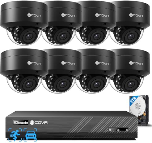 4COVR 5MP Überwachungskamera Aussen Set, 8CH NVR mit 2TB HDD, DLY54AB5M0808 | 8×5MP IK10 Vandalensichere Dome PoE IP Kamera mit Audio, KI Personen-/Fahrzeugerkennung & IR Nachtsicht, 24/7 Aufzeichnung