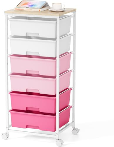 6-Drawer-Plastic-Rollong-Storage-Craft-Organizer-Trolley-Cart on Wheels with Wooden Tabletop for Home, Office, Classroom, Makeup, Art Supply Utility Storage Trolley Drawer Cart, Pink