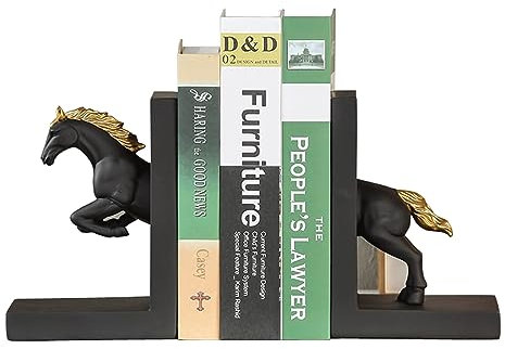 Buchstützen für Regale, dekorativ, modern, schwarzes Pferd, Kunstharz, dekorative Buchstützen, Büro, Bücherregal, Dekoration und Regal mit schwarzer Rückseite, Pferd, Geschenke für Buchliebhaber