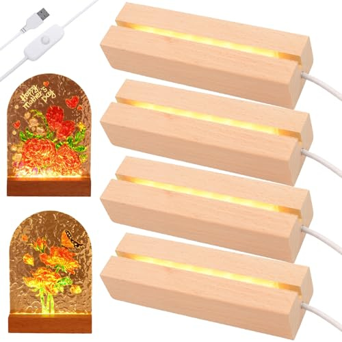 BAIFULAI 4 piedistalli LED in legno, 20 cm, base in legno, base luminosa con interruttore USB, colori caldi, base luminosa, base per display per 3 mm di spessore, piastra in acrilico, cristalli di
