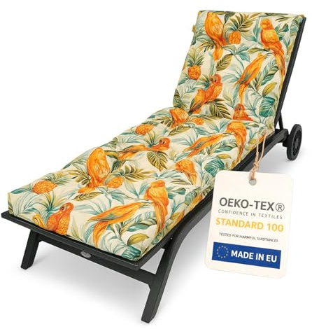 Bielik Auflage für Gartenliege – Gepolsterte Sonnenliege Auflage mit Riemen, wetterfestem Stoff, hoher Rückenlehne und Oeko-TEX-Zertifikat – 190 x 57 cm (Papageien)