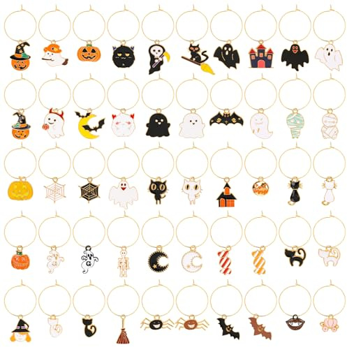 OOTSR 50 Charmes de Verre à Vin pour Halloween, Étiquettes de Marqueurs de Boisson de Gobelet avec Anneaux de Cerceau, Breloques pour Verre à Vin pour Cocktail Champagne Décoration