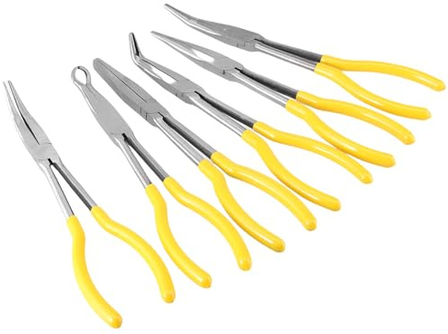 Set di 6 pinze a becco lungo da 11 pollici, con punte dritte da 25 a 45 a 90 gradi, punte piatte e rotonde, strumento di rimozione per lavori di precisione, pinze di precisione