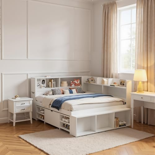 Vidacharmy Kinderbett 140x200 cm, Holzbett mit Schubladen, Kopfteil mit Rausfallschutz, Bett mit Lattenrost und Stauraum, Jugendbett, Funktionsbett, Praktisches Jugendzimmer Kojenbett, ohne Matratze