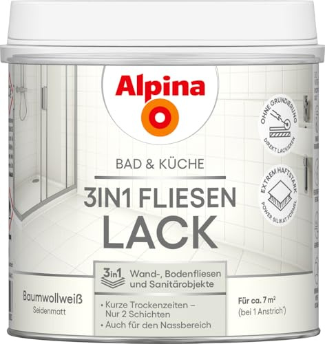 Alpina Bad & Küche 3‑in‑1 Fliesenlack Weiß – direkt auf Fliesen, Bad & Dusche, ohne Grundierung – extrem haltbar, wasser‑ und reinigungsbeständig - 0,5L