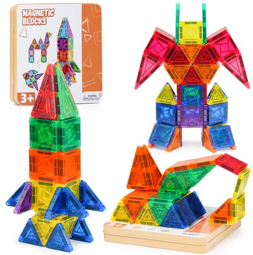 Akosuntoys Magnetic Tiles for Kids, 60 Pieces Travel Magnetic Tiles Toys for 3 4 5 6 7 8 Year Old Boy Girl, Mini Magnetic Blocks Travel Boys Girls Toys Age 3-9 Gifts for Kids