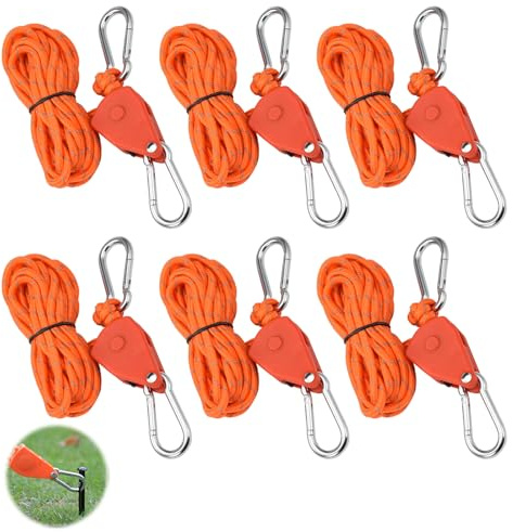 Holtrae 6 Pezzi Corda Campeggio da 4 Metri,Corda Riflettente per Tenda da 4 mm, Corda a Cricchetto con Gancio, Adatta per Escursionismo, Campeggio e Alpinismo