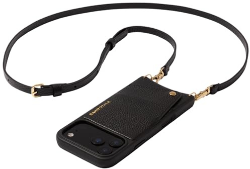 Bandolier Emma Crossbody Wallet Phone Case for iPhone 17 Pro. 100% Genuine Pebble Leather. Adjustable & Removable Crossbody Strap. Card Holder with Snap Closure. Black with Gold Hardware