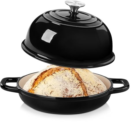 Velaze Gusseisen Topf Brot Backen, 4,8L Emaille Schmortopf mit Deckel und Griffen, 26 cm Brotbacktopf, Bräter Gusseisen, Dutch Oven für Küche Backen Schmoren & Braten (Schwarz)