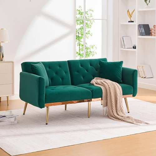 Arhatreya 2 Sitzer Sofa Gästesofa Modern Couch, 2er Sitzsofa mit Sofakissen und Verstellbarer Rückenlehne, Zweisitzer Polstersofa für Wohnzimmer Schlafzimmer Wohnung Gästezimmer, Samtstoff, Grün