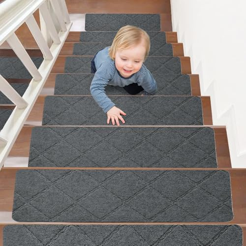 15 Stk Stufenmatten 55x19cm, Selbstklebende Anti-Rutsch Treppenmatten für Innenbereich, Wiederverwendbar, Zuschneidbar für Holzstufen, Ideal für Kinder, Senioren, Haustiere (Dunkelgrau, 55x19cm)