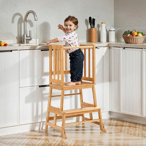 COSYLAND Tour d Observation Enfant, Tour d'observation Montessori Durable, Sûr et Sécurisé Tour d'apprentissage Bebe en Bambou, Chaise Montessori Enfant À Partir de 18 Mois, Classic Natural