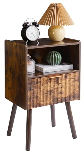 Aibiju Mesita de Noche Moderna con Cajón, Mesa Auxiliar Pequeña para Dormitorio, Mesita de Noche de Mediados de Siglo con Estante Abierto, Marrón Rústico YD-TM061H1