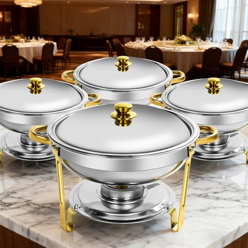 XYJBHB Chafing Dish Buffet Set 4 PACK, 5QT Round Chafing Dishes & Food Warmers, Gold Chafing Dishe for Buffet, Stainless Steel Chafer for Catering Lid, Food Warmers for Parties