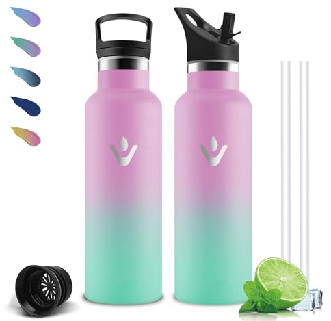 Mujigaga Botella Agua Acero Inoxidable, 500ml Botella Agua Niños, A Prueba de Fugas, Cantimplora con Pajita, sin BPA, Aislamiento al Vacío, Cantimplora para la Escuela, Oficina, Yoga
