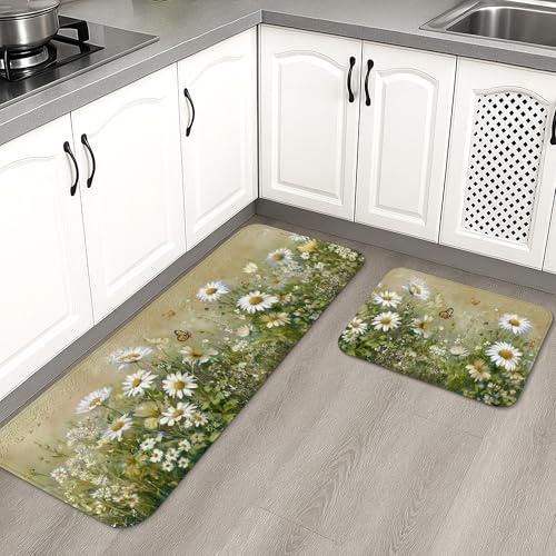 Tapetes de cocina florales para piso, tapetes suaves con patrón de crisantemo verde, acolchados con resorte, cómodos, lavables, antideslizantes, decoración para fregaderos de cocina, lavandería, baño