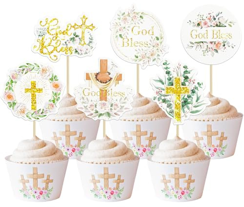 Gyufise 36Pcs God Bless Cupcake Toppers Cross Wreath Cupcake Picks for Christian Baptism Baby Shower Boys Girls First Communion Party Cake Decorations Supplies Green Gold