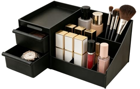 MIAOQIyu Make Up Organizer Kosmetik Organizer mit 2 Schubladen und 7 Fächern Plastic Aufbewahrung für Schlafzimmer Badezimmer Waschtische Schminktisch Schwarz