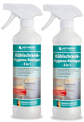 HOTREGA Kühlschrankreiniger 3in1 2x 500ml | Hygienereiniger gegen Bakterien | Beseitigt Schimmel, Fett & Gerüche | Für Gefrierschrank, Mikrowelle + Speisekammer | 1000ml Vorratspackung reicht bis 20 m²