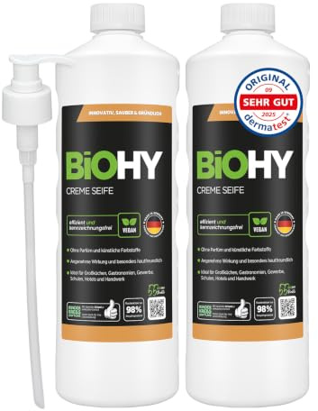 BiOHY Creme Seife (2 x 1L) + Pumpspender | Küche & Haushalt | Handhygiene & Handreinigung | entfernt Fett & Lebensmittelrückstände | geruchsneutral | ohne Parfüm & Farbstoffe | phosphatfrei