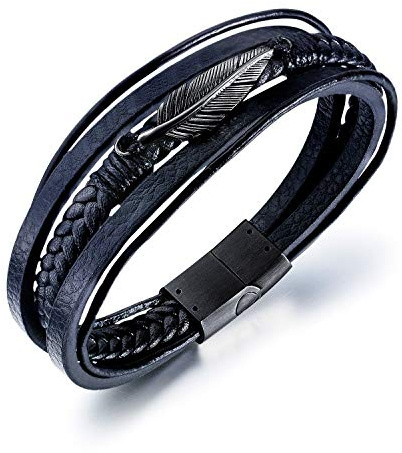 ATEIELLI Bracelet Cuir PU Noir Plume Acier Inoxydable 21cm B311