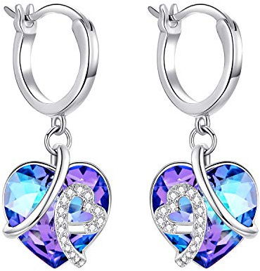 AOBOCO Herz Ohrringe Damen, 925 Sterling Silber Creolen baumeln mit Blau Kristallen, Geburtstag Geschenke für Frau Mutter