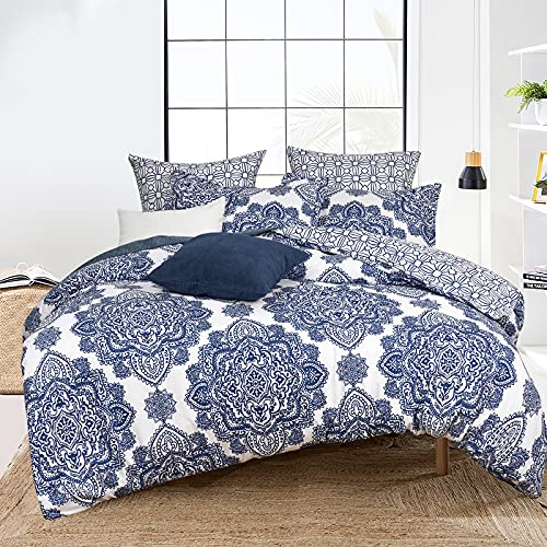 PHF Bedrucktes Bettbezug-Set – King-Size-Bett, 3-teiliges Damast-Muster, Bettdeckenbezug-Set mit Reißverschluss, 4 Eckbändern, bequemer, Bettwäsche-Kollektion, blau und weiß