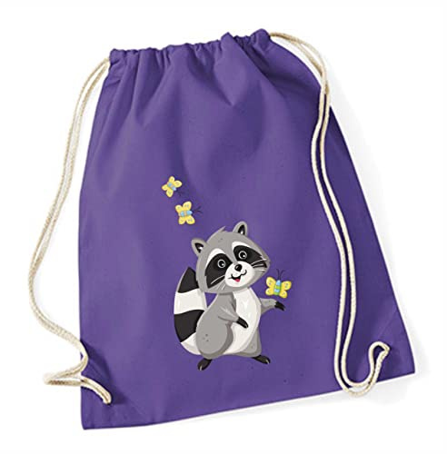 minimutz Turnbeutel für Kinder | Motiv Waschbär Willy mit Schmetterlingen| Schuhbeutel Sporttasche Jutesack zum Zuziehen für Mädchen & Jungen | Stoffbeutel mit Kordel