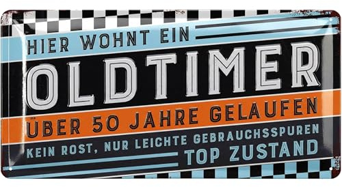 LANOLU Retro Blechschild 50 Geburtstag Schild - 50 JAHRE OLDTIMER - Alternative zur Geburtstagskarte 50 - witziges Geschenk 50 Geburtstag Mann - Metallschild, 17x34cm