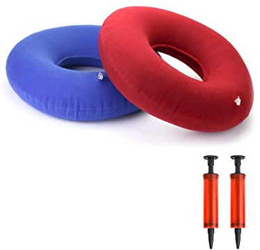 QWORK® 2Pcs Coussin Assise Gonflable en Anneau avec Pompe pour Hémorroïdes, Inflammation, Problèmes de Coccyx, Grossesse, Accouchement (Rouge, Bleu)