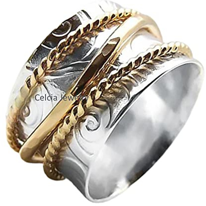 Echtes 925er Sterlingsilber Spinnringe für Frauen Männer, zweifarbiger Hochzeitsring, Angst-Breitbandring, Meditationsring, Statement-Ring, Muttertagsgeschenkring