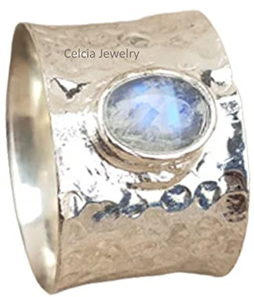 Bandring aus massivem 925er Sterlingsilber für Damen und Herren, echter Regenbogen-Mondstein, ovaler Edelstein, einzigartiger handgefertigter Juni-Geburtssteinring