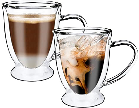 Vinsani VERRE Doppelwandige Kaffeegläser Teetasse Tasse 270 ml Set mit 2 hitzebeständigen und kältebeständigen ästhetischen klaren Borosilikatglas mit Griff für Cappuccino, Latte, Tee, Dessert, heiße