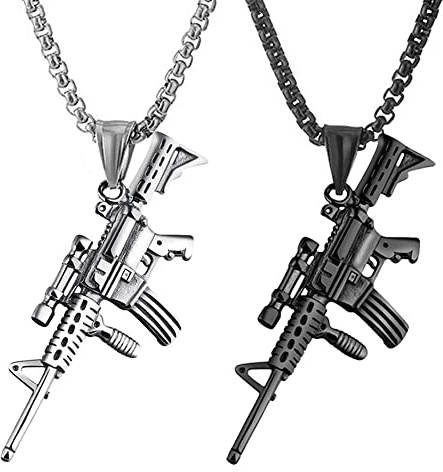 JKJF 2 Stück Armee Gewehr Anhänger Halskette Hip Hop Punk Rock Pistole Kette Gotik Sturmgewehr Halskette Vintage Biker Halskette für Herren - Schwarz Silber Stil 1