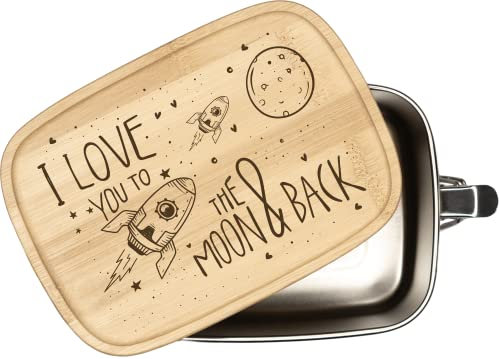 Tassenbrennerei Brotdose mit Spruch - I love you to the moon & back - 1000ml Edelstahl Box mit Bambusdeckel graviert - Geschenk für Freund, Freundin, Ich liebe Dich