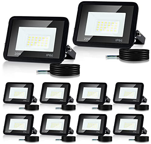 Joparri Projecteur LED Exterieur 20W 6000K Blanc Froid 1700LM, 10 Pack Spot LED Extérieur IP66 Imperméable, Eclairage Exterieur, Lampe Exterieur pour Terrasse Garage Jardin
