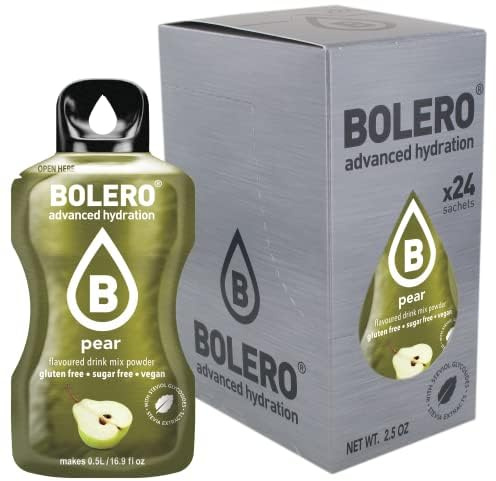 Bolero PEAR 24x3g | Jus en poudre sans sucre, édulcoré à la stévia + vitamine C | pour enfants et sportifs | sans gluten, végétalien | saveur de poire