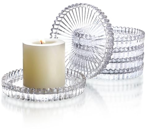 kanpura Clear Glass Pillar Candle Holder Plates Set of 6, 4 Inch Round Glass Candle Tray Plates for Dining Wedding Christmas Party Table Centerpiece