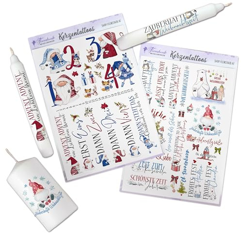 FEENSTAUB Kerzentattoos Weihnachten, 2er Set Kerzenfolien Weihnachten DIN A5, Wasserschiebefolie Kerzen, Weihnachtskerze 24 tage, Kerzensticker Advent, Kerzen Tattoo Folie Advent, Wichtel